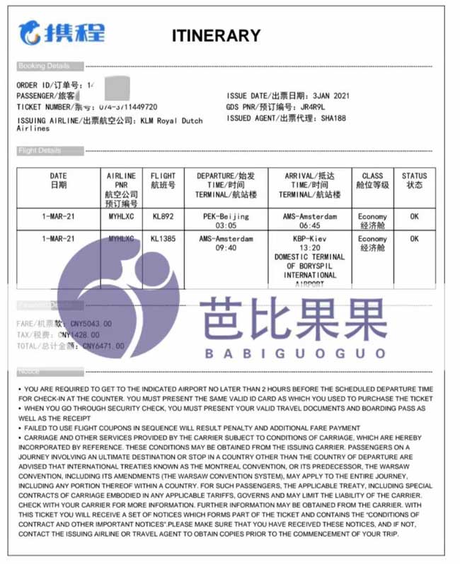 出发到乌克兰做试管的机票